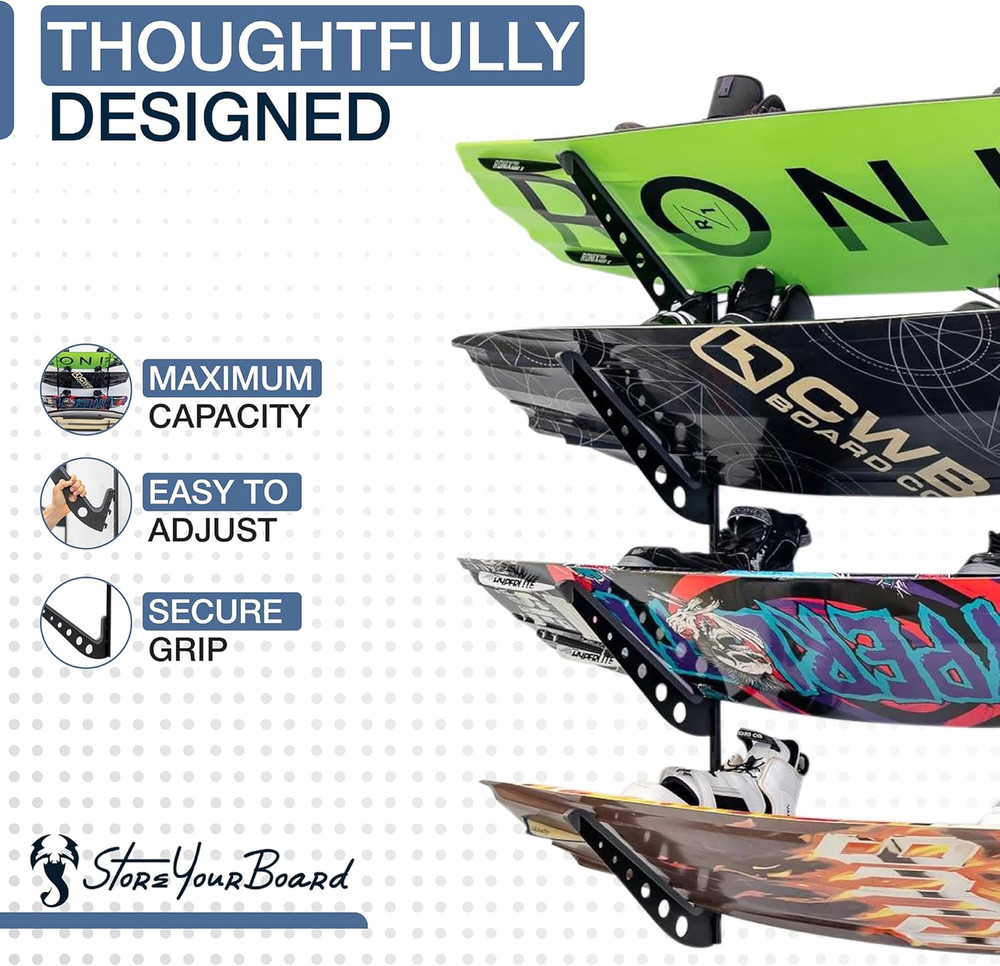 Adjustable Wakeboard Storage Rack – Wall Mount 4 Level Display, Heavy Duty Water