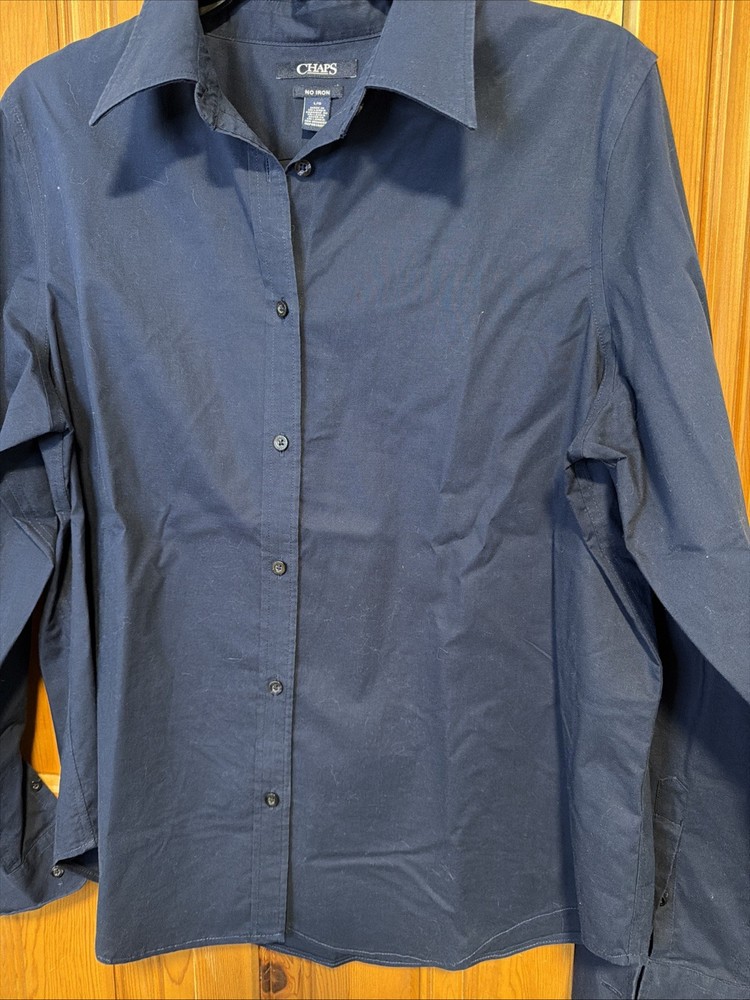 Women’s Chaps No Iron Button Up Blouse Size Large Navy Blue