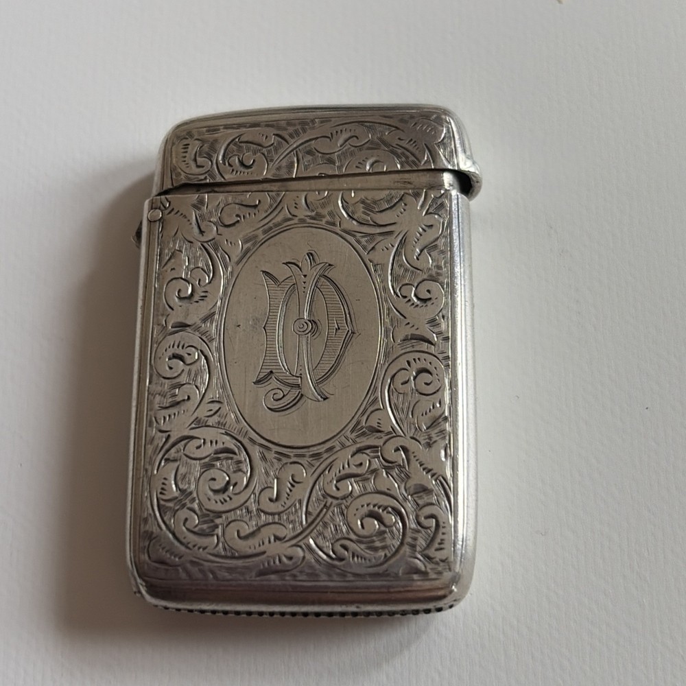 Antique Sterling Silver Foliage Etched  Vesta Case