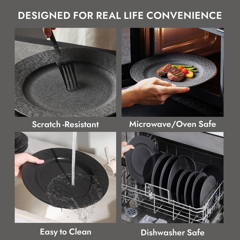 KINGSTONE Black Dinnerware Sets, 12-Piece Matte Marble Pattern Premium Porcelain