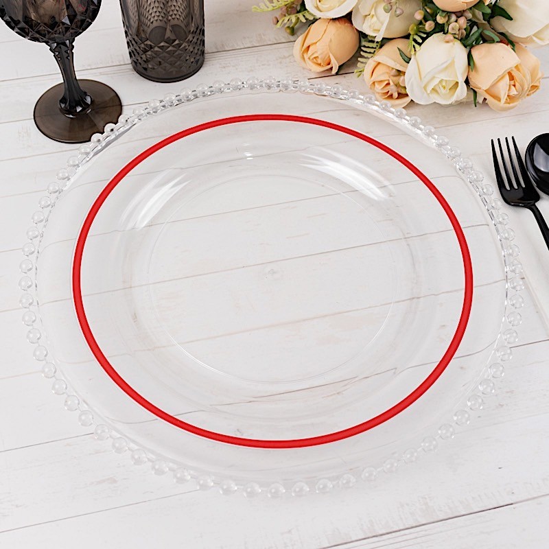 CLEAR 10 Round 10" PLASTIC Dinner PLATES Red Rim Party Events Tableware