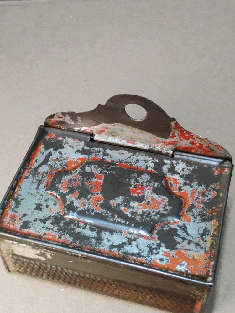 Antique Primitive Wall Mount Tin Match Safe Box w/ Striker Front