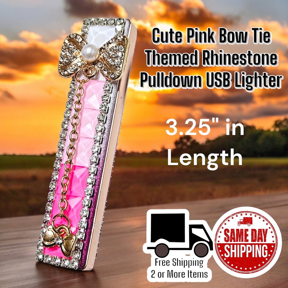 USB Cute Pink Bow Tie Rhinestone Pull Down Sensor USB Lighter 3.25"