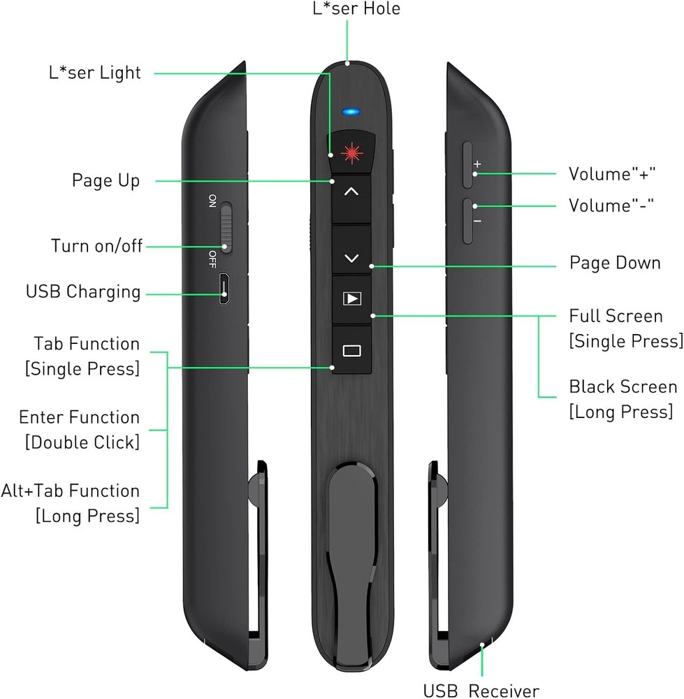 Presentation Clicker Green Laser Pointer, Rechargeable PowerPoint Clicker Wir...