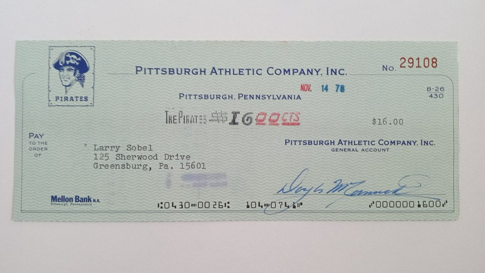 Larry Sobel: 1978 Pittsburgh Pirates Expense Check