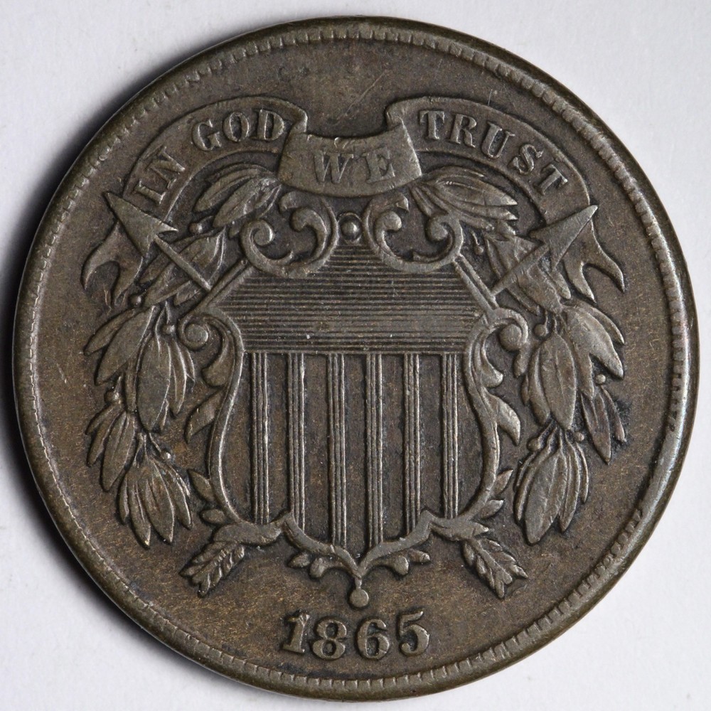 1865 plain 5 Two Cent Piece XF E145 SWEE
