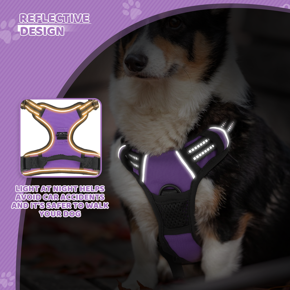 Reflective Adjustable No Pull Pet Harness Handle Easy Control Purple Puppy Vest