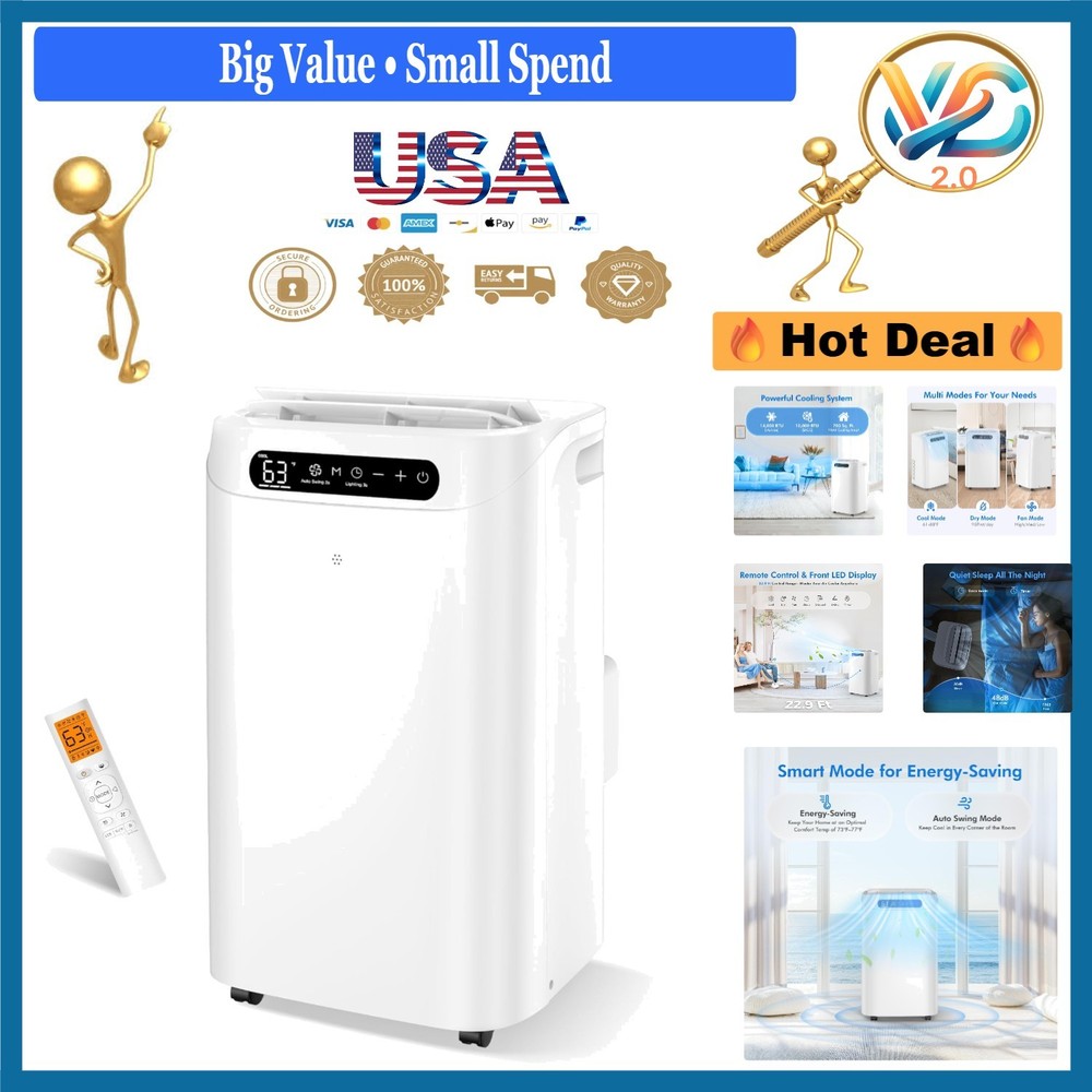 14000 BTU Portable Air Conditioner, Cool 700 Sq.Ft, Remote, Dehumidifier, Sle...