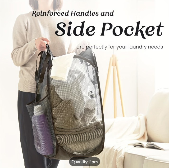 2 Packs Collapsible Pop up Laundry Bag Foldable Hamper Large Mesh Clothes Basket