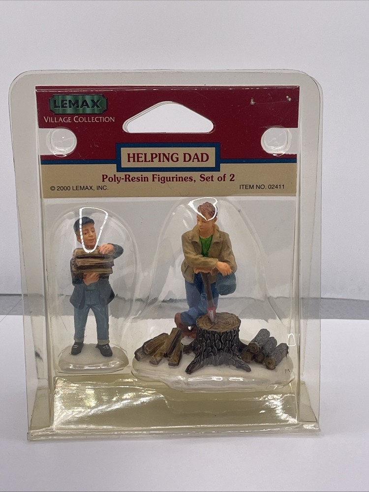 VINTAGE 2000 LEMAX "HELPING DAD" SET OF 2 ACCESSORY Figures Cutting Wood