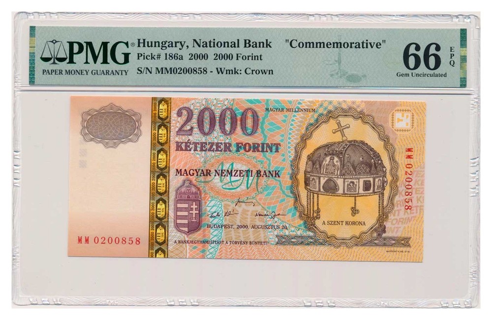 HUNGARY banknote 2000 Forint 2000 PMG MS 66 EPQ Gem Uncirculated
