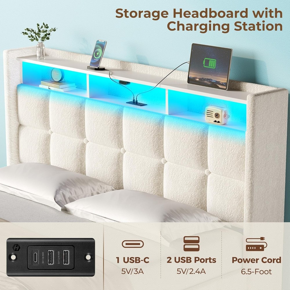 Rolanstar Full Bed Frame LED Lift Up Storage