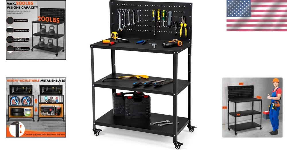 Efficient 50.4" Metal Tool Storage Workbench with Movable Locking Wheels