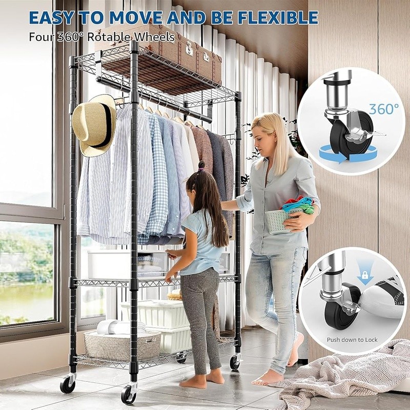Heavy Duty Rolling Clothes Rack Adjustable Garment Organizer W/ Lockable Wheels