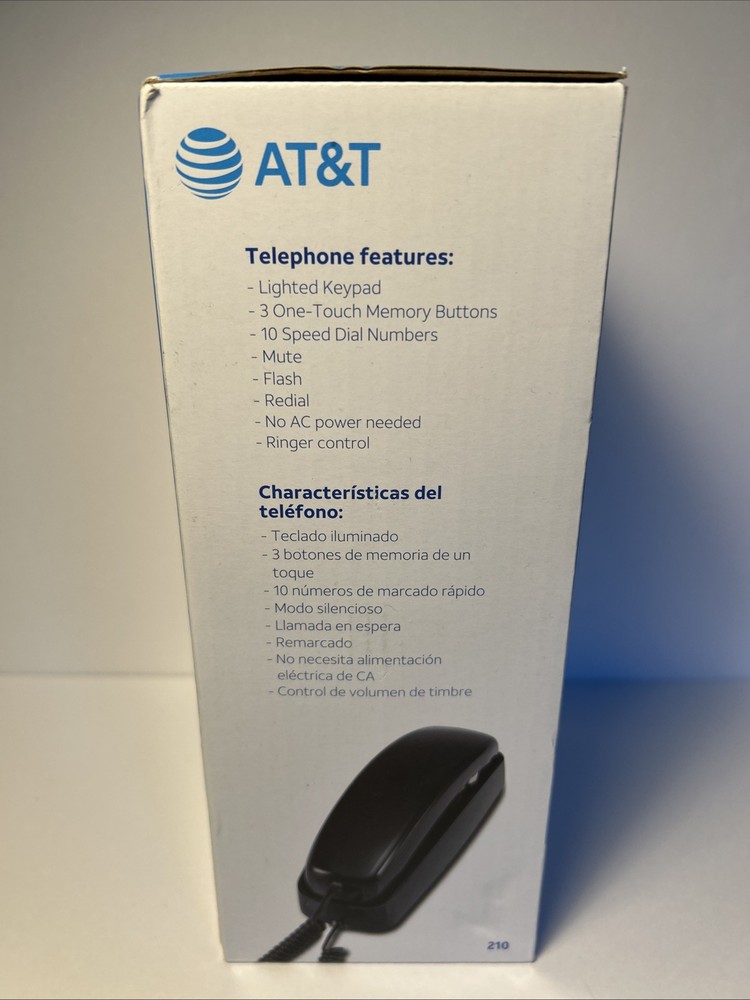 AT&T 210 Basic Trimline Corded Phone, No AC Power Required Wall-Mountable Black