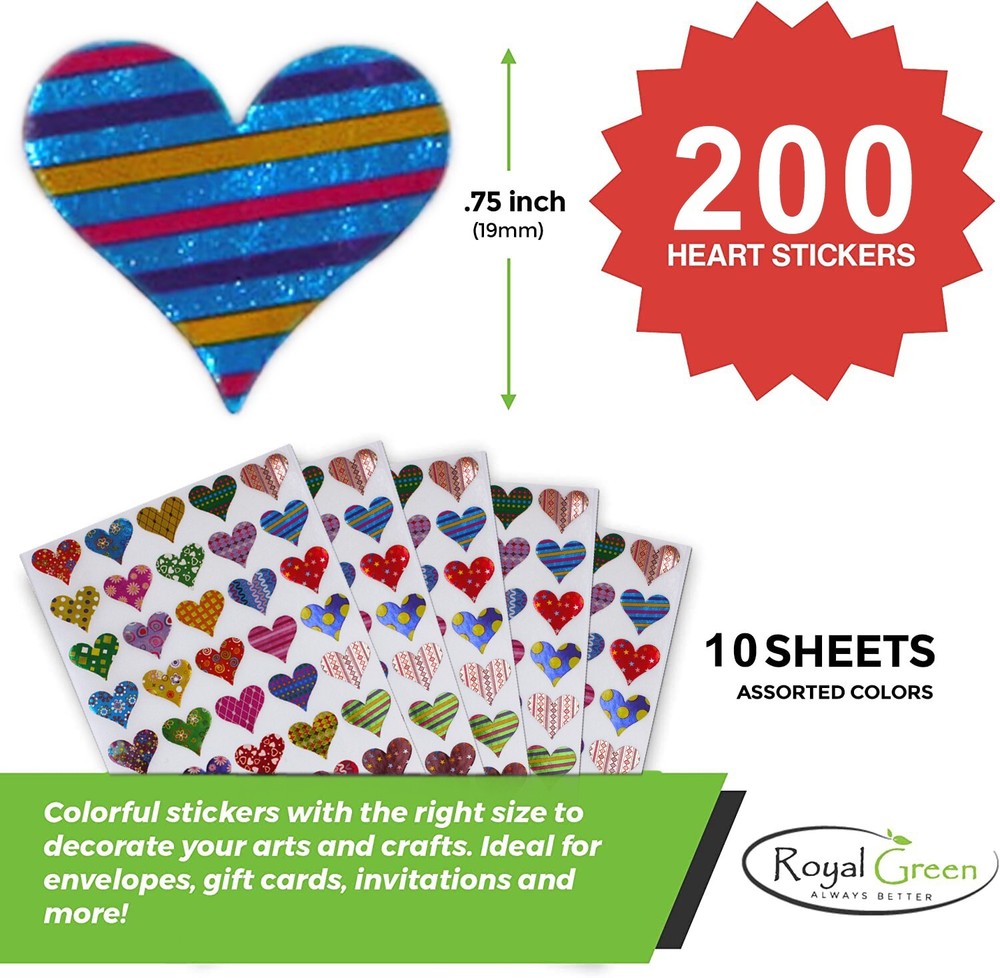 Heart Shaped Assorted Patterns Valentines Day Stickers Craft Projects 200 Pack