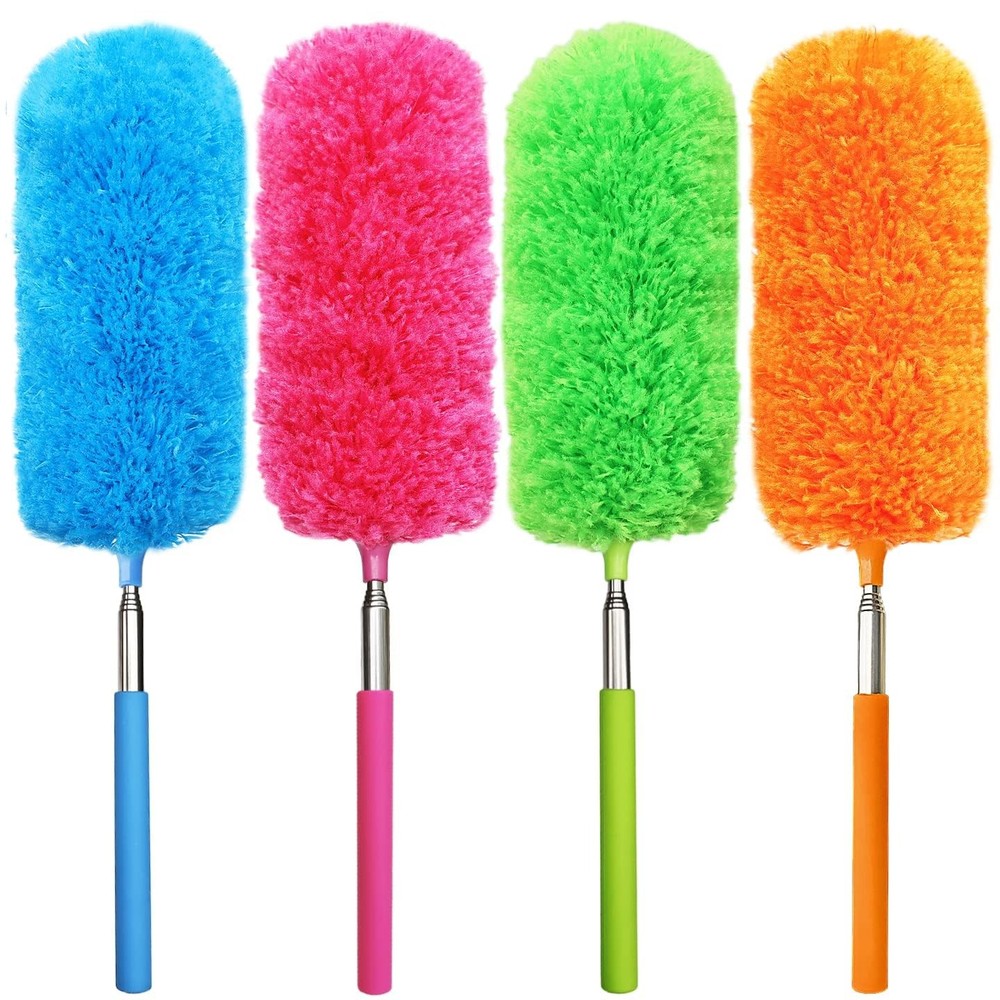 4 Pcs Washable Microfiber Feather Duster Extendable Pole Bendable Head Cleaning