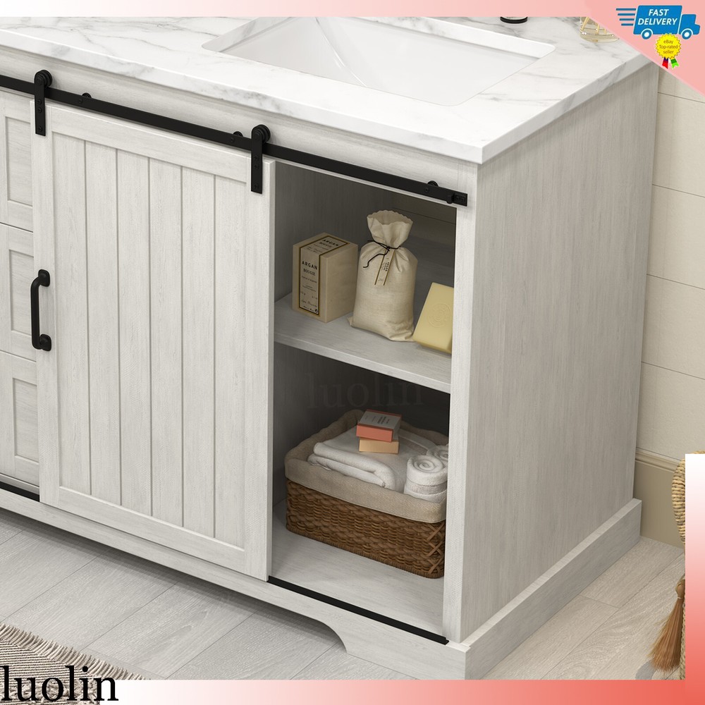 54" Bathroom Vanity Storage with Ceramic Double Sink Combo Marble Countertop