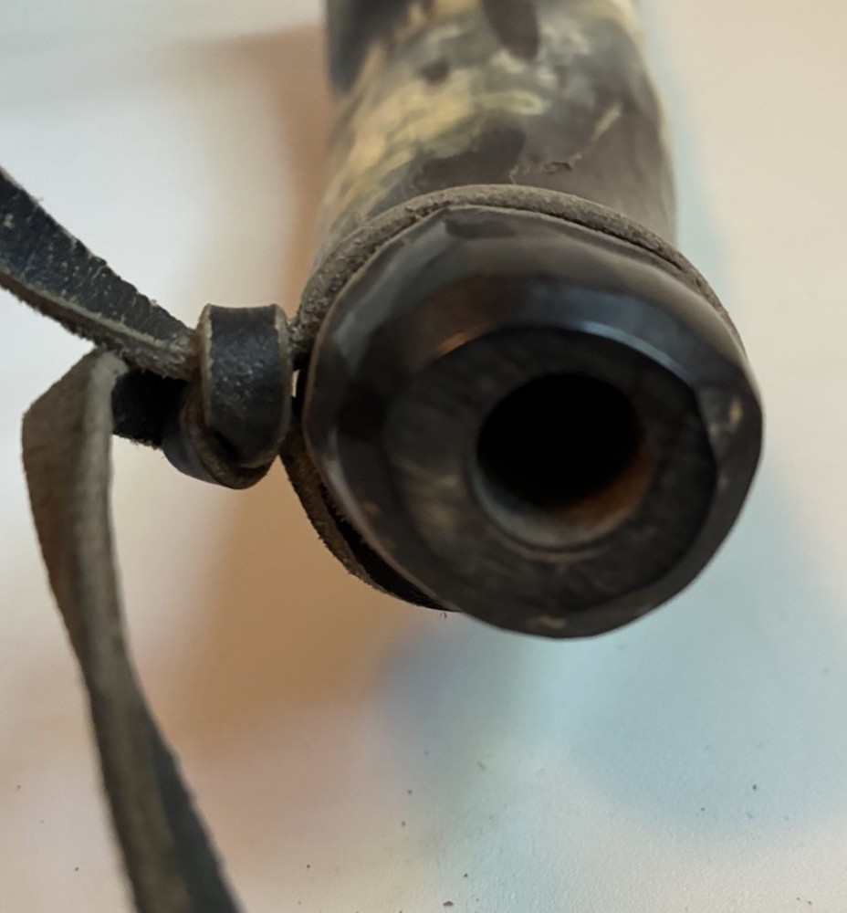 Vintage Powderhorn Muzzle Loader w/ Plug, Scoop & leather Shoulder Strap