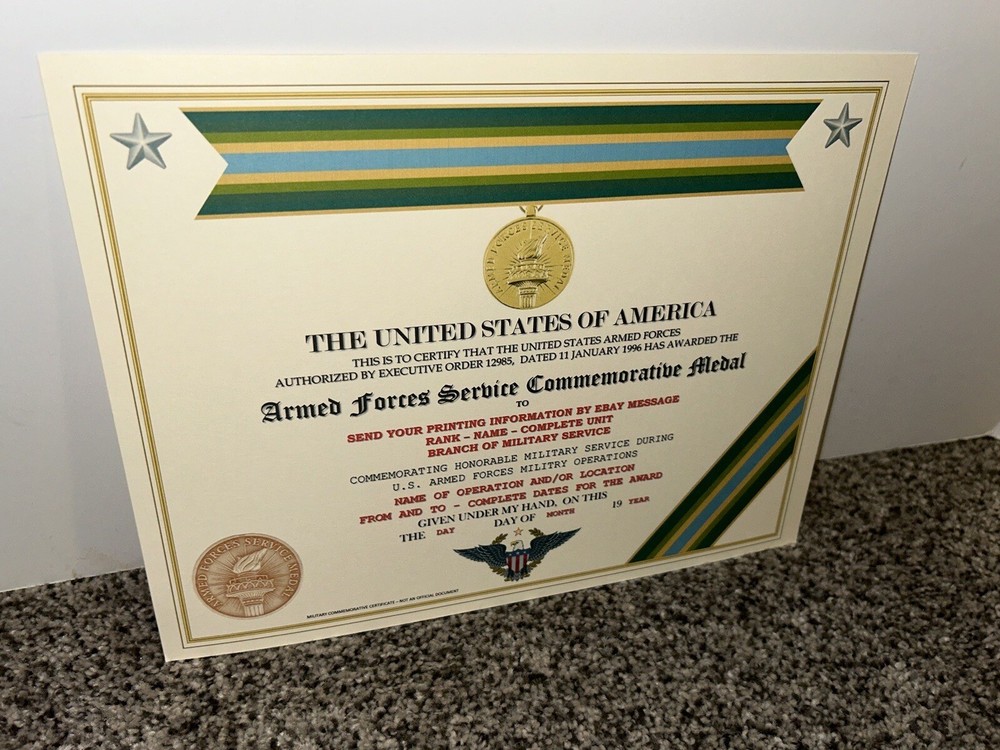 ARMED FORCES SERVICE MEDAL COMMEMORATIVE CERTIFICATE ~ W/PRINTING TYPE-1