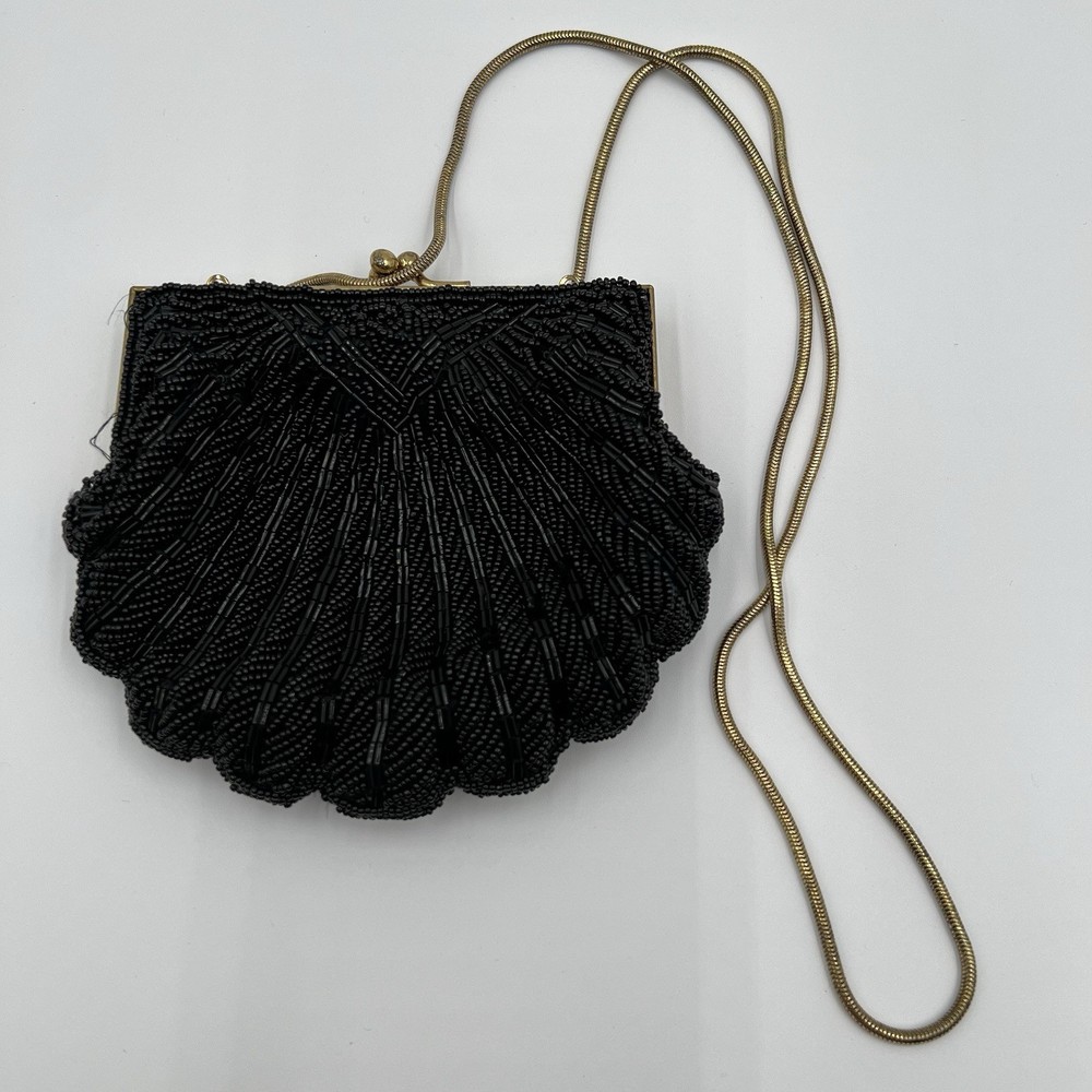 Clam Shell Black Beaded Vintage Clutch with Chain Strap