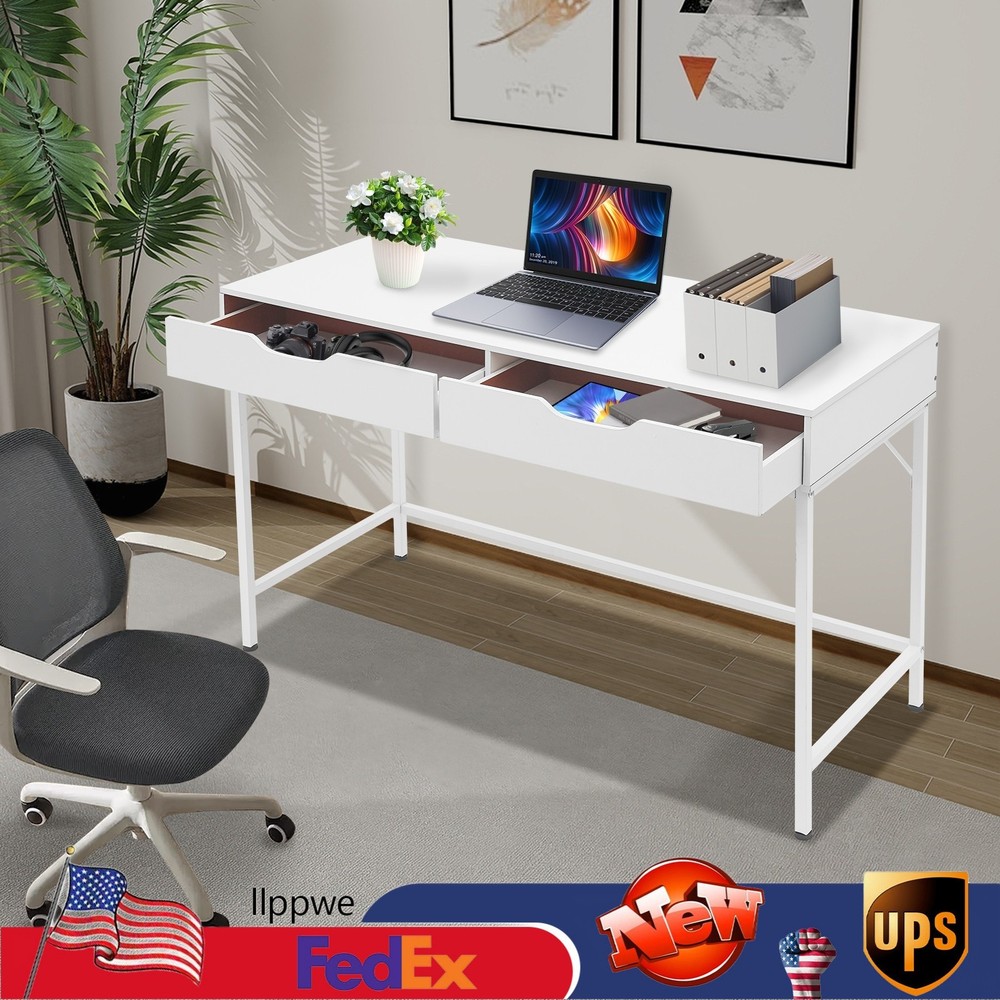 Computer Desk with 2 Drawers & Metal Frame Modern Study Writing Office Table