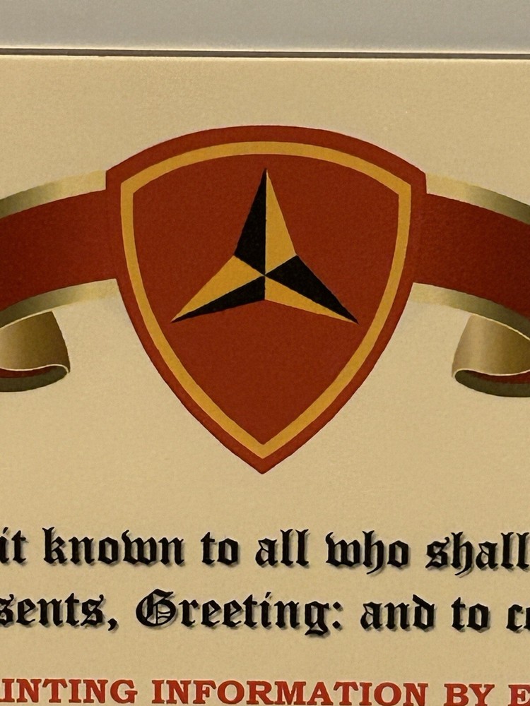 U.S.M.C. / THIRD MARINE DIVISION ~ DIVISION COMMENDATION REPLACEMENT CERTIFICATE