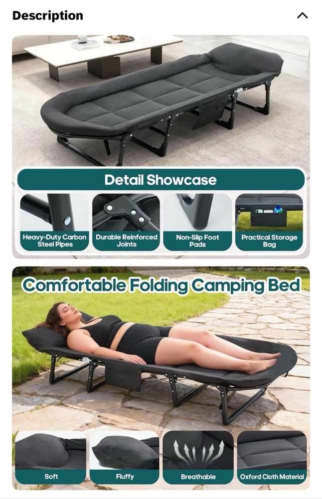 Blue Camping Cot For Adults W/ 6 Angle Adjustable Folding Bed, Lightweight