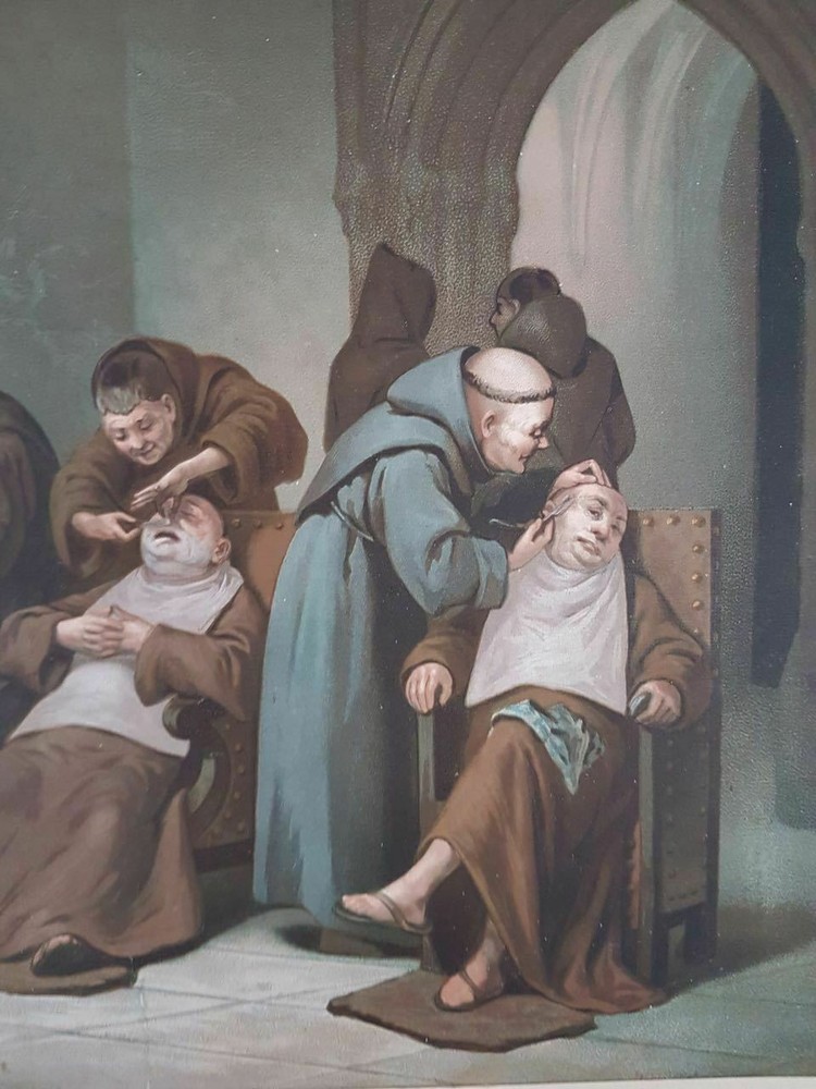 Old Engraving "Religious Scene" Monks