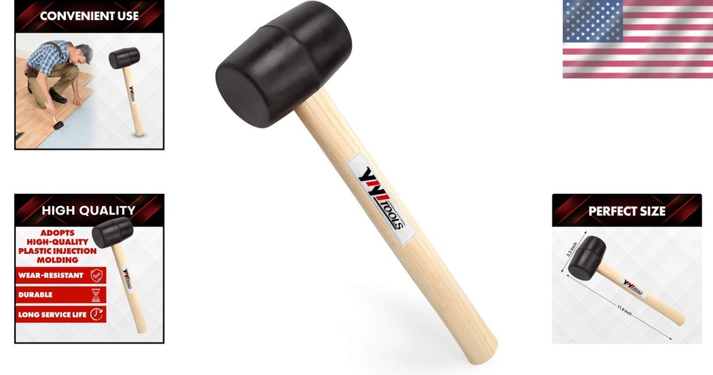 YY-2-005 Black Rubber Mallet with Solid Wood Handle - 8oz Lightweight Hammer
