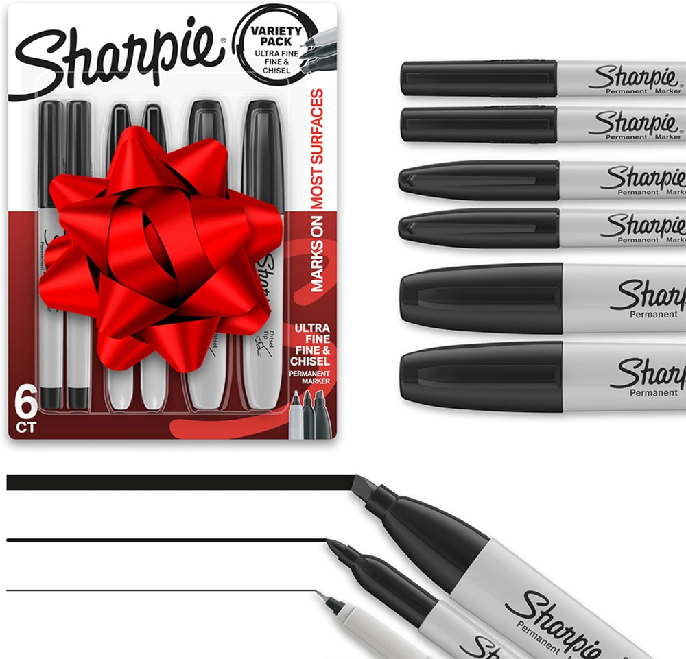 Sharpie Permanent Markers Set, Chisel, Fine, Ultra-Fine Tips, 6 Count, Black