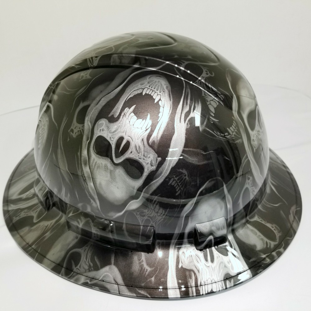 FULL BRIM Hard Hat custom hydro dipped SILVER AND BLACK GRIM REAPER SKULL