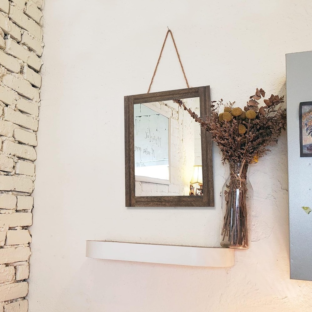 Rustic Wood Mirror Rectangle Decorative Wall Hanging Mirrors with Frame for B...