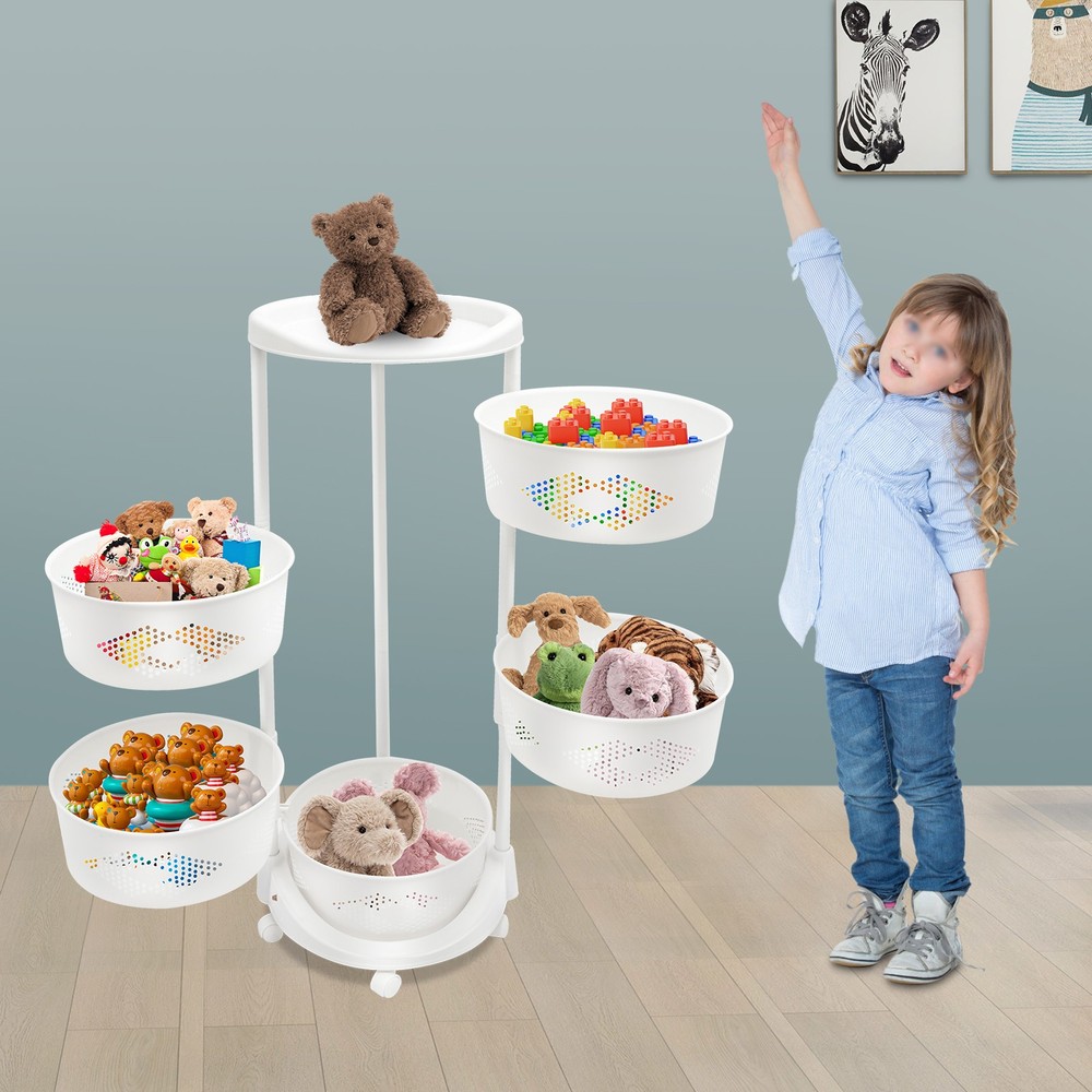 5-Tier Rotating Storage Shelf Kitchen Fruit Storage Basket Rack w/ Wheel