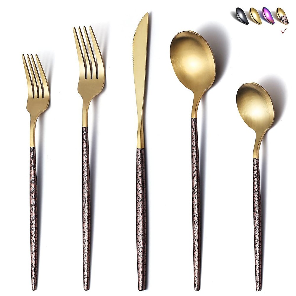 Silverware 20 Pieces Moon Surface Handle and Matte Gold Head Flatware Stainle...