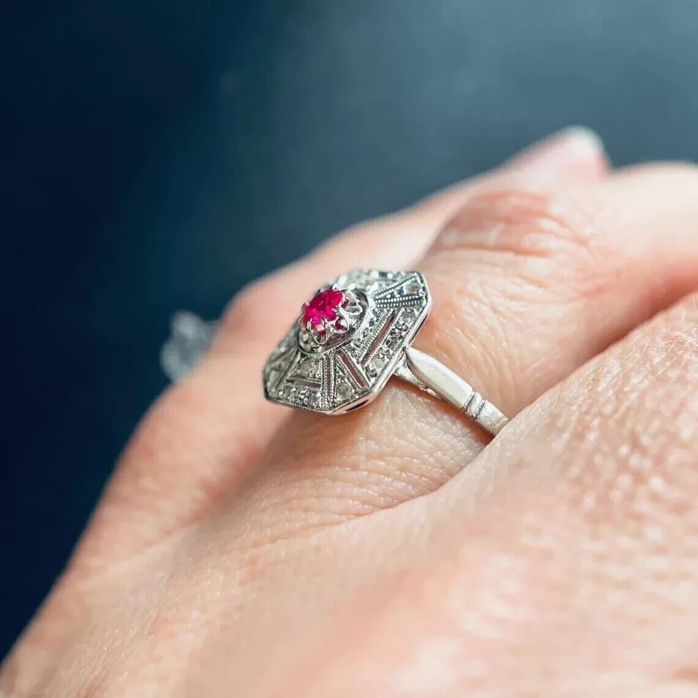 Art Deco Style 2.6Ct Lab Created Ruby 14K White Gold FN Wedding Anniversary Ring