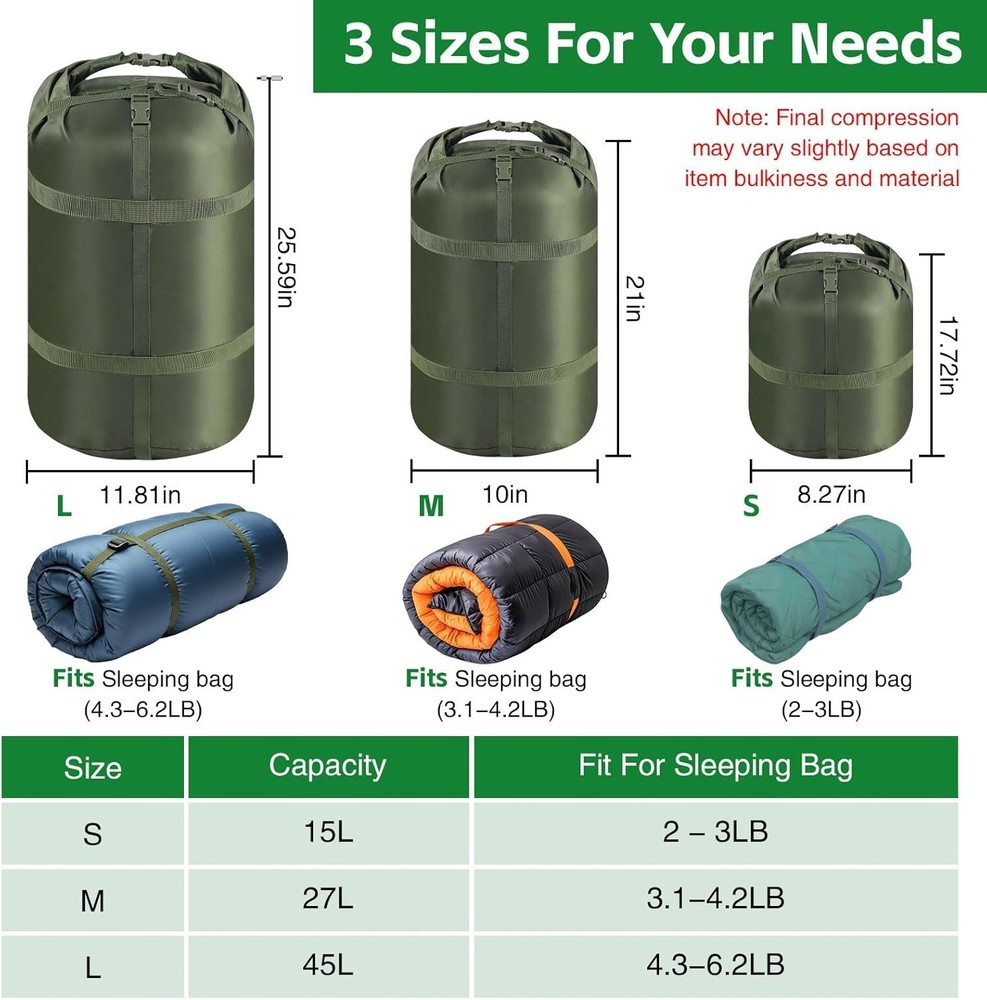Nylon Compression Stuff Sack, 15L/27L/45L Lightweight Sleeping Bag Compre...