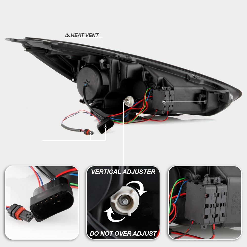 2015-2018 Ford Focus Halogen Type Black LED DRL Sequential Projector Headlights