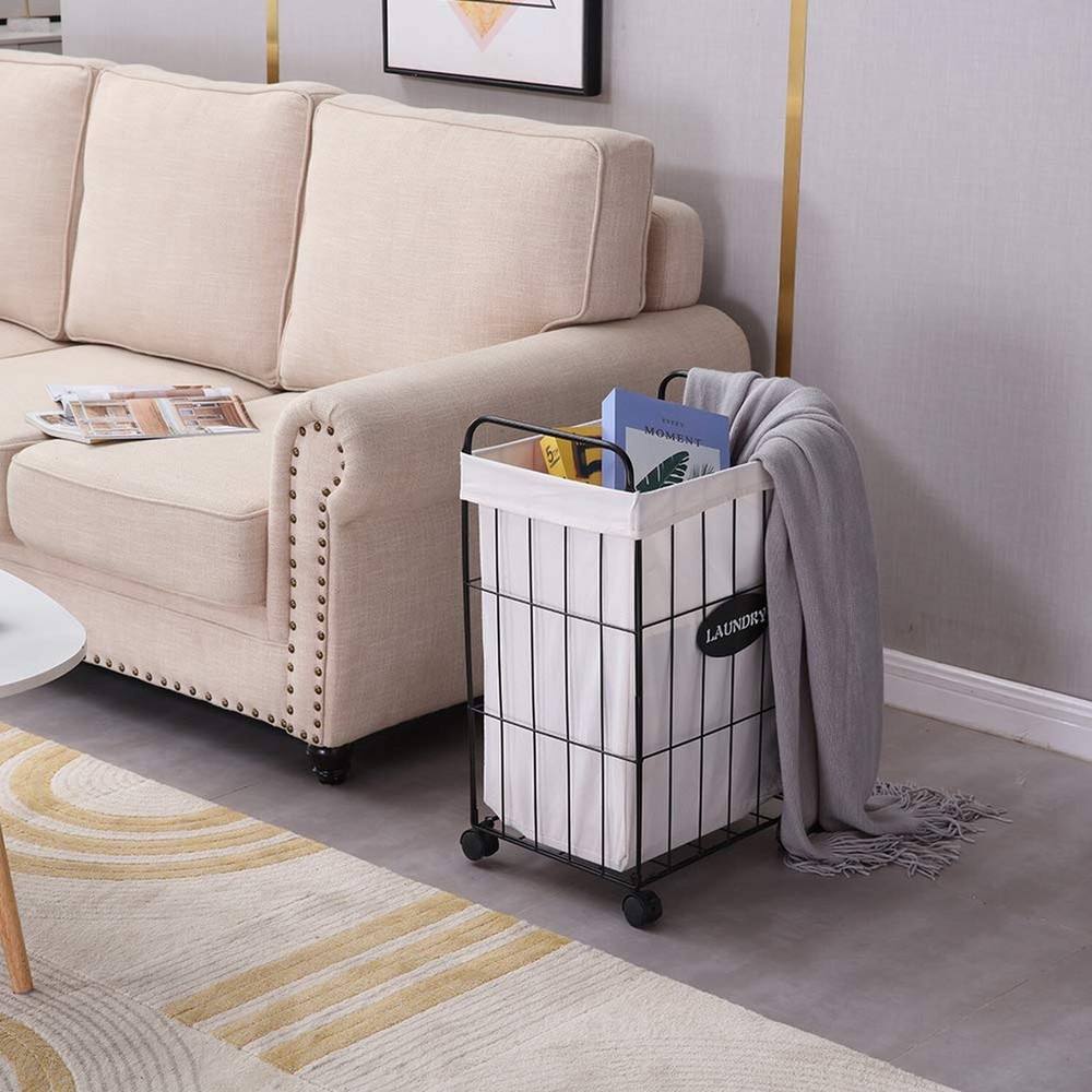 Mxfurhawa Iron Wire Laundry Hamper With Rolling Lockable Wheels, Folding Laun...
