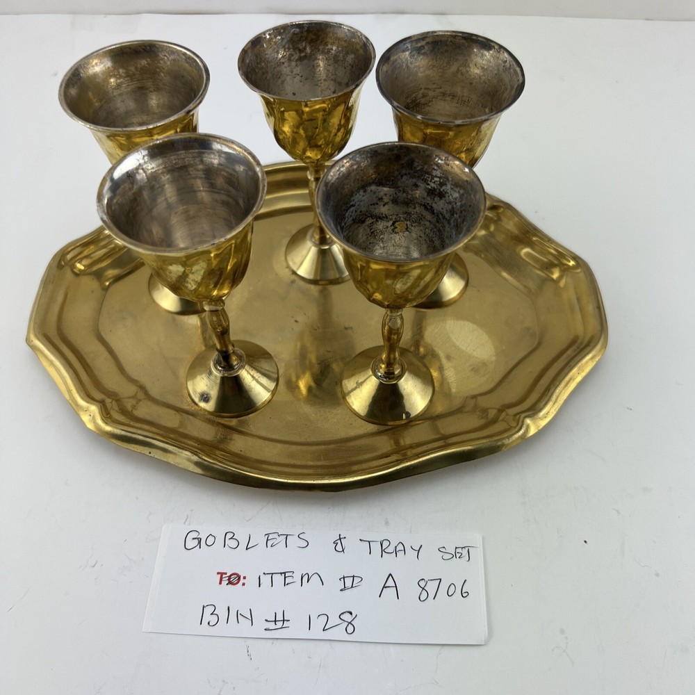 Vintage Mini Brass Goblet Cordials Set With Tray