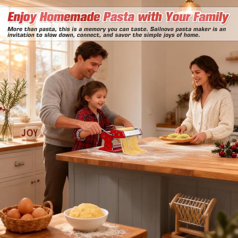 Red 180 Roller Manual Pasta Maker Machine with 9 Thickness Settings