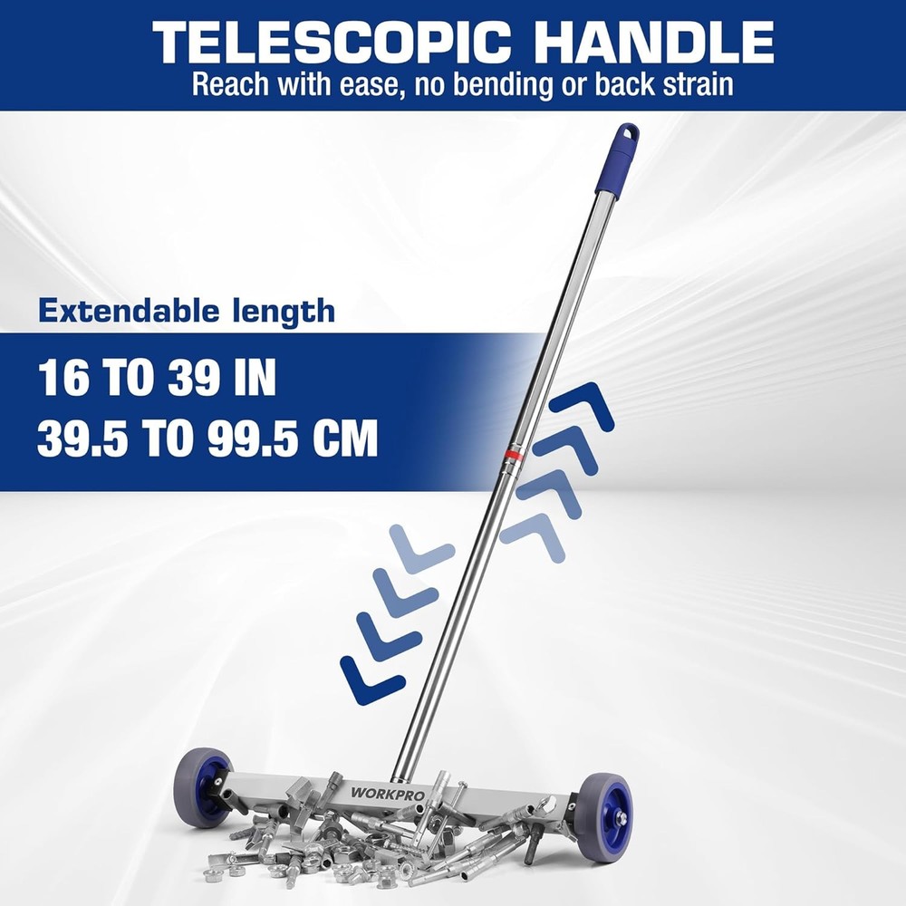 WORKPRO 17" Magnetic Sweeper Telescoping Wheel Rolling Sweeper Adjustable Handle