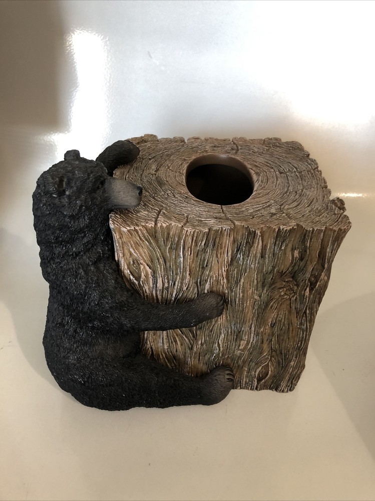 Rustic Black Bear faux bark Tissue Box Cover Cabin Cottage Cube
