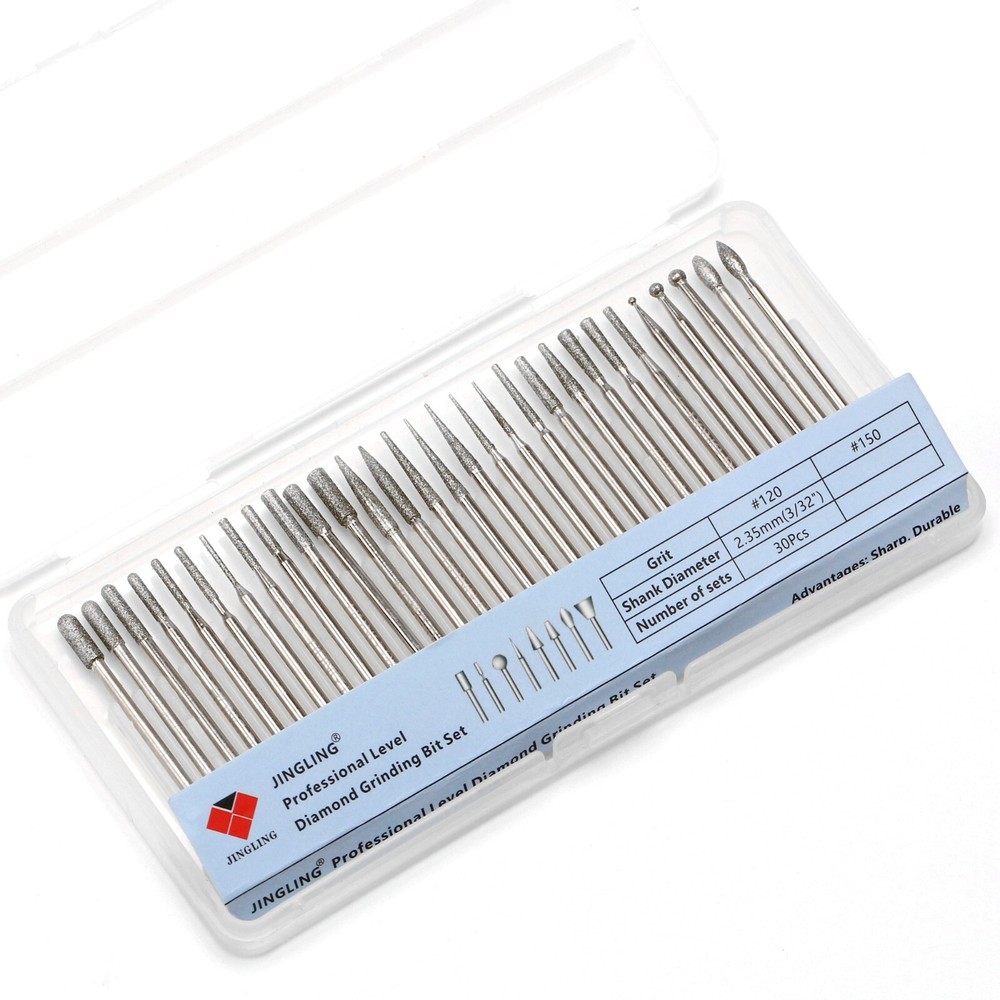 30Pcs Diamond Grinding Bits Set Stone Carving Tools 3/32" Shank for Nail Drill