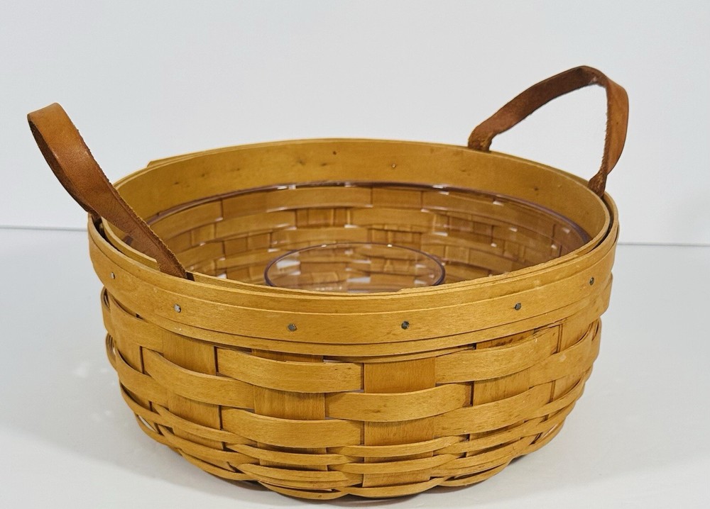 Longaberger Gathering Darning Basket Hard Plastic Insert 2001 Leather Handles