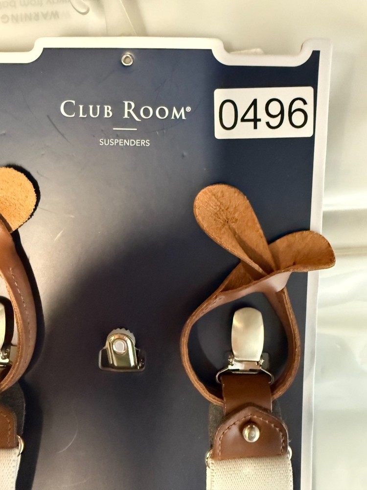 Club Room White Solid Suspenders Leather Clip-On Back Adjustable One Size NWT