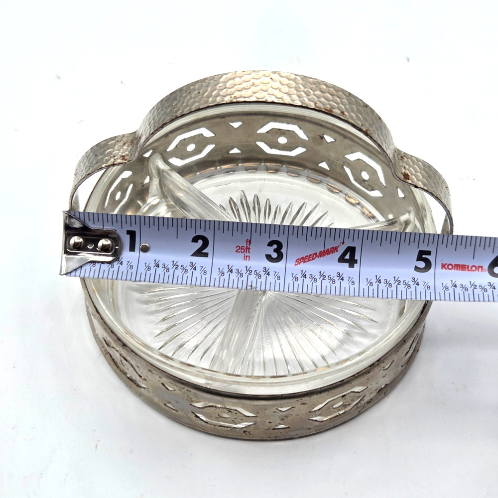 Vintage Silver Plated with Clear Glass Divided Serving Dish Hammered Handle