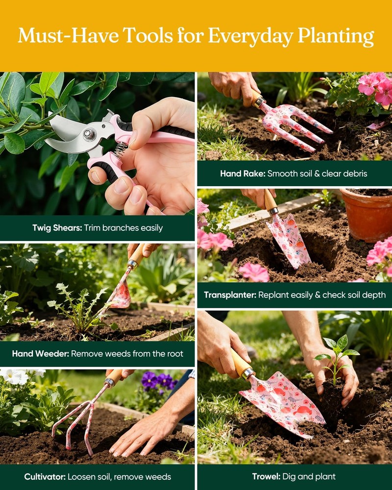 Grenebo 12-Piece Womens Gardening Tools Gift Set, Rust-Proof & Pink