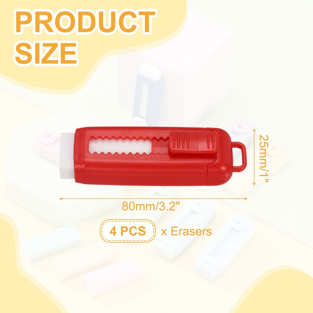 4Pack Erasers, Sliding Retractable Eraser Push Pull Pencil Erasers, Bright Red