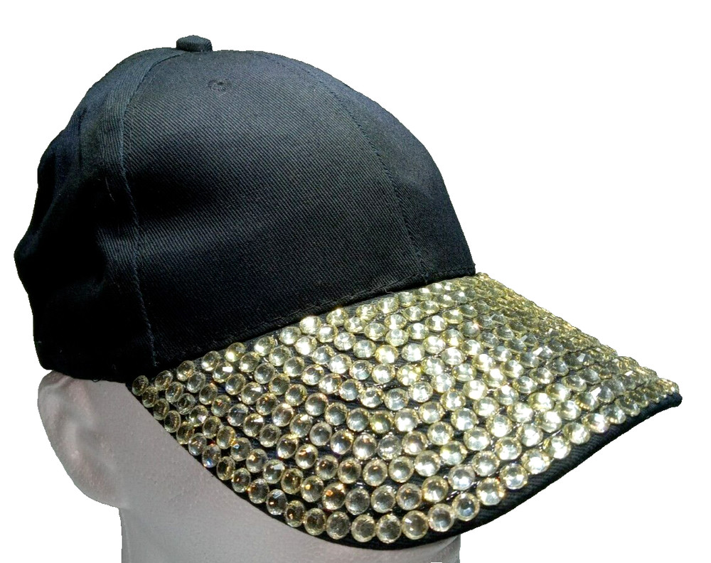 Rhinestone Womens One Size Adjustable Hook Loop Classy Black Cotton Hat Cap